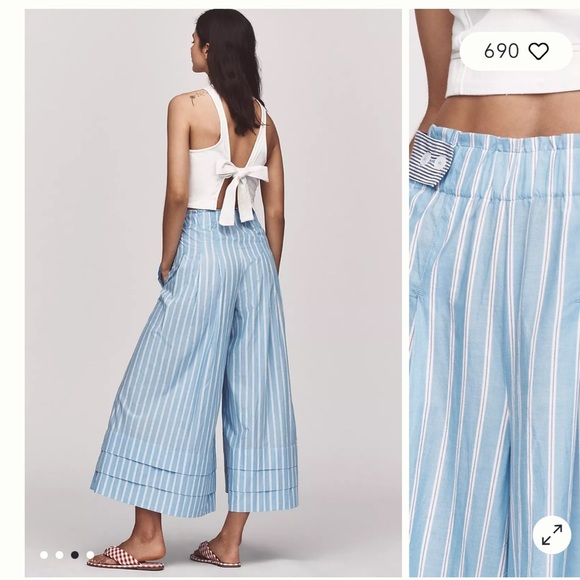 Anthropologie pull on culotte cotton pants Blue Striped - Picture 3 of 12